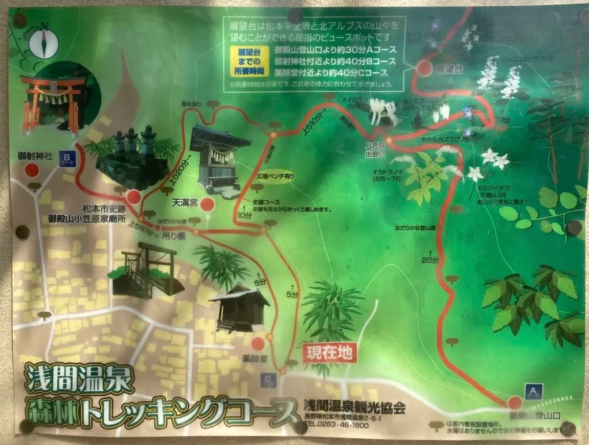Officiële kaart van de Asama Onsen forest trekking course met de A-, B- en C-routes.