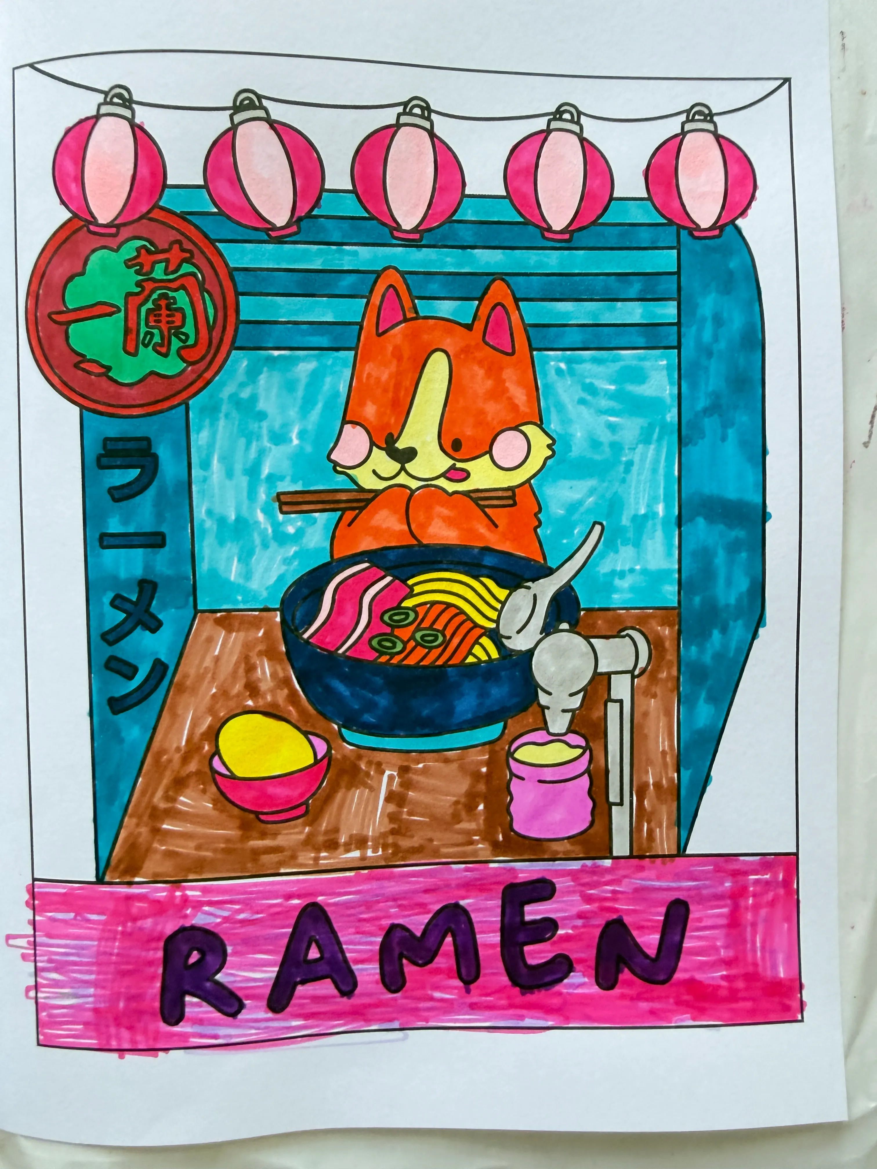 Tekening van Vic: een ramenrestaurant met lampionnen, een vos die ramen eet en een groot RAMEN-bord.